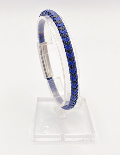 Bracelet acier et cuir noir et bleu fermoir rectangle